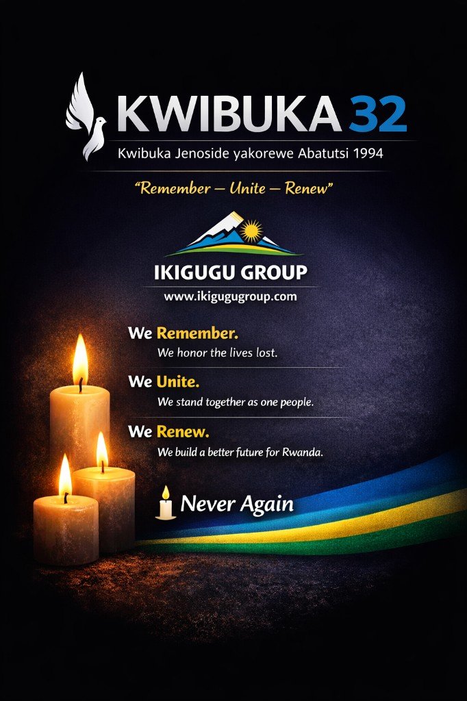 Kwibuka 32 memorial tribute poster - We Remember, We Unite, We Renew